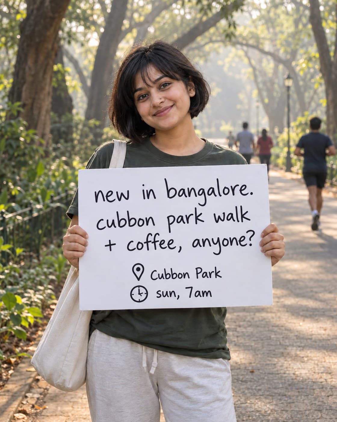 A woman on a tree-lined path in Cubbon Park on a misty morning, smiling and holding a handwritten sign: new in bangalore. cubbon park walk plus coffee, anyone? Cubbon Park, sun 7am.
