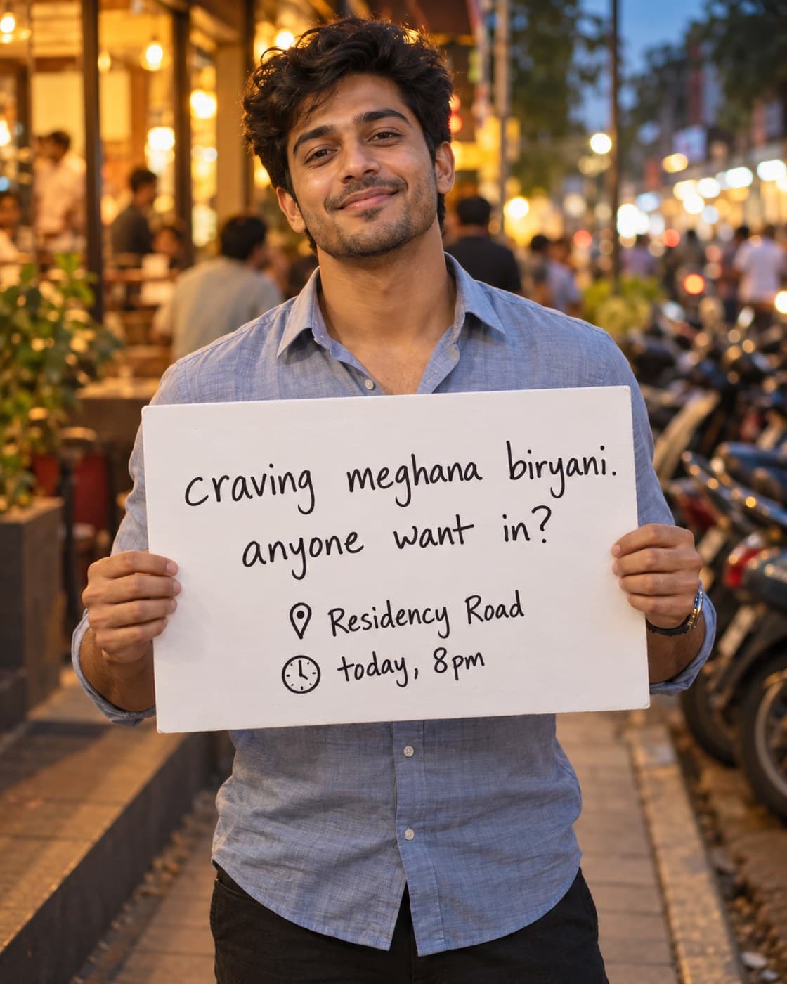 A man with curly hair on a busy street at dusk holding a sign: craving meghana biryani. anyone want in? Residency Road, today 8pm.