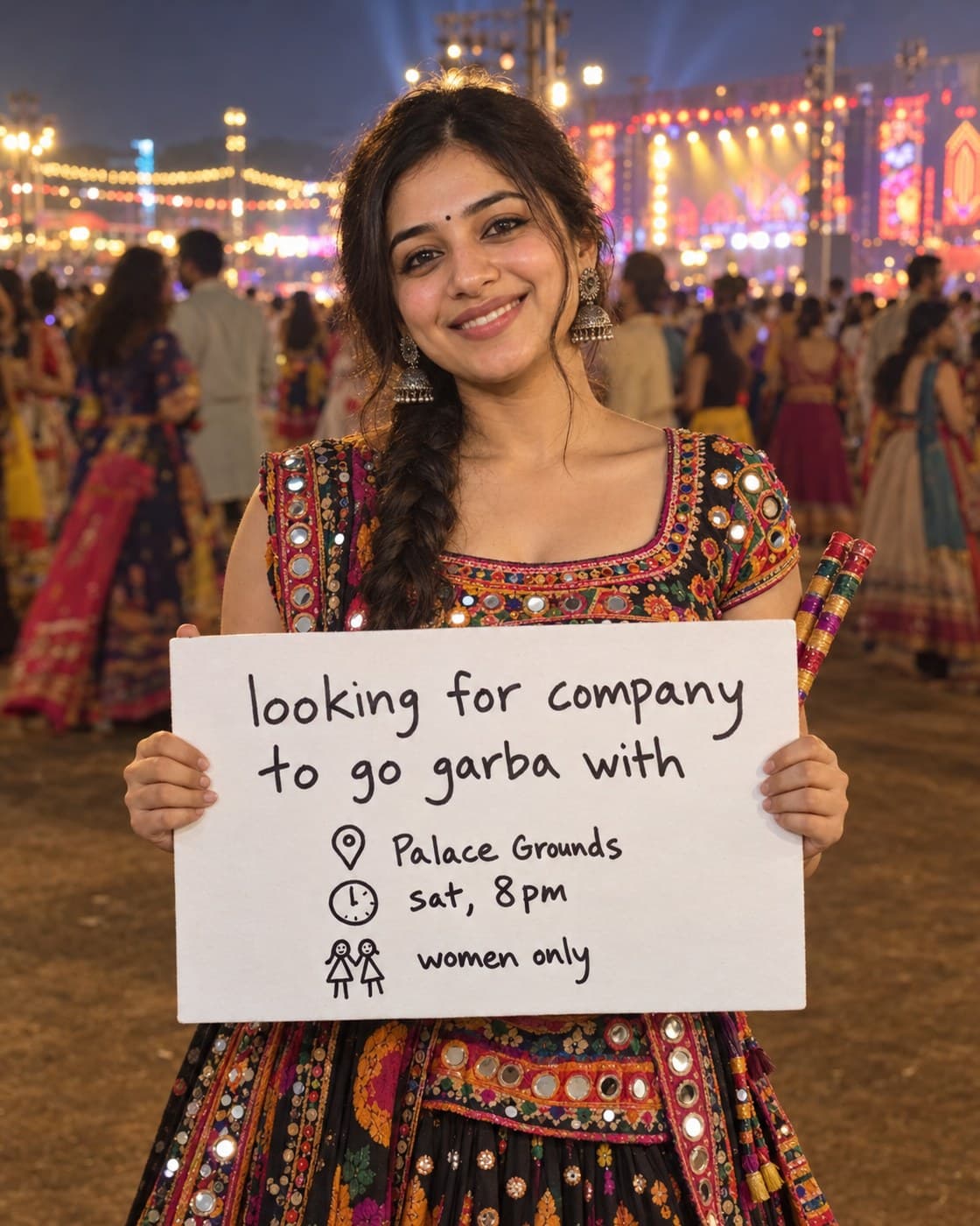A woman in chaniya choli at a garba night holding a sign: looking for company to go garba with. Palace Grounds, sat 8pm, women only.