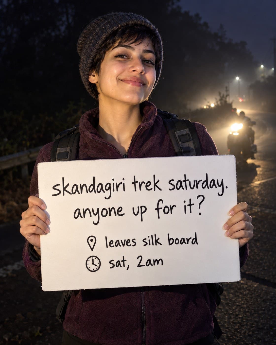 A woman with a pixie cut and a beanie on a foggy road at night, holding a sign: skandagiri trek saturday. anyone up for it? leaves silk board, sat 2am.